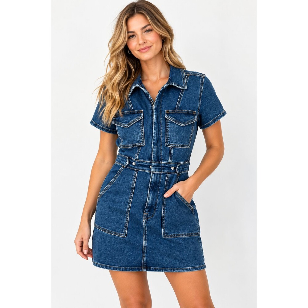 New Good American Denim Dress Size Small Dark Wash Zip Front Dress for Success
